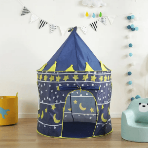 Looking for a fun and unique gift for your little one? This blue castle tent is perfect for indoor or outdoor play and folds up easily for storage-two.